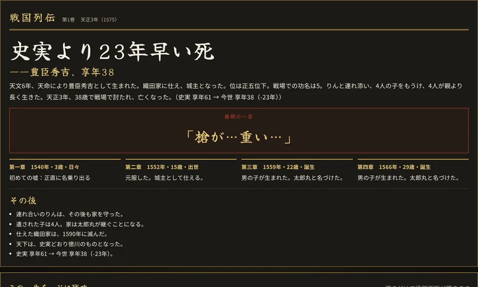 戦国列伝の画面。一生が一巻の列伝になる