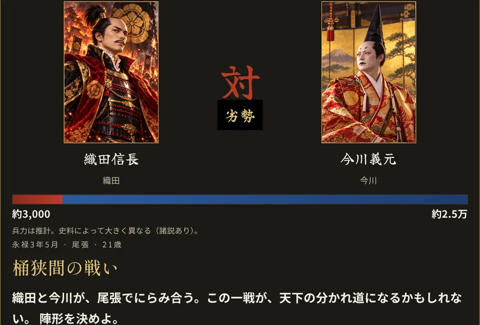 桶狭間の戦い。織田信長と今川義元が対峙する